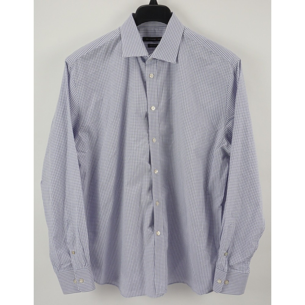 John Varvatos Men's 17.5 34/35 White Purple Blue Check Cotton Spread Dress Shirt